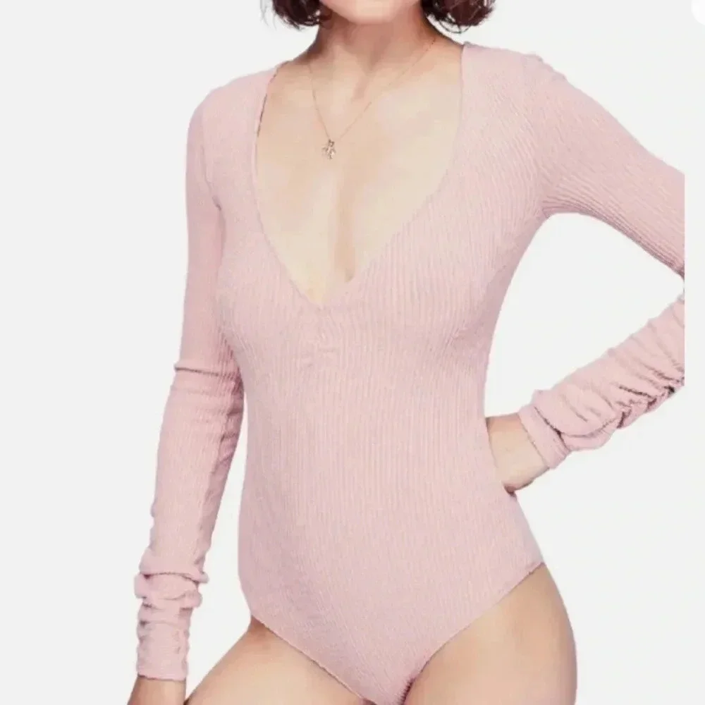 Free People Cozy Up With Me Pink Salt Bodysuit
